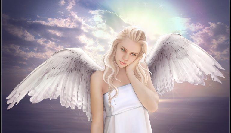 fiction-girl-angel-wings-view-green-eyes-blonde-sky-clouds-sea-768x441