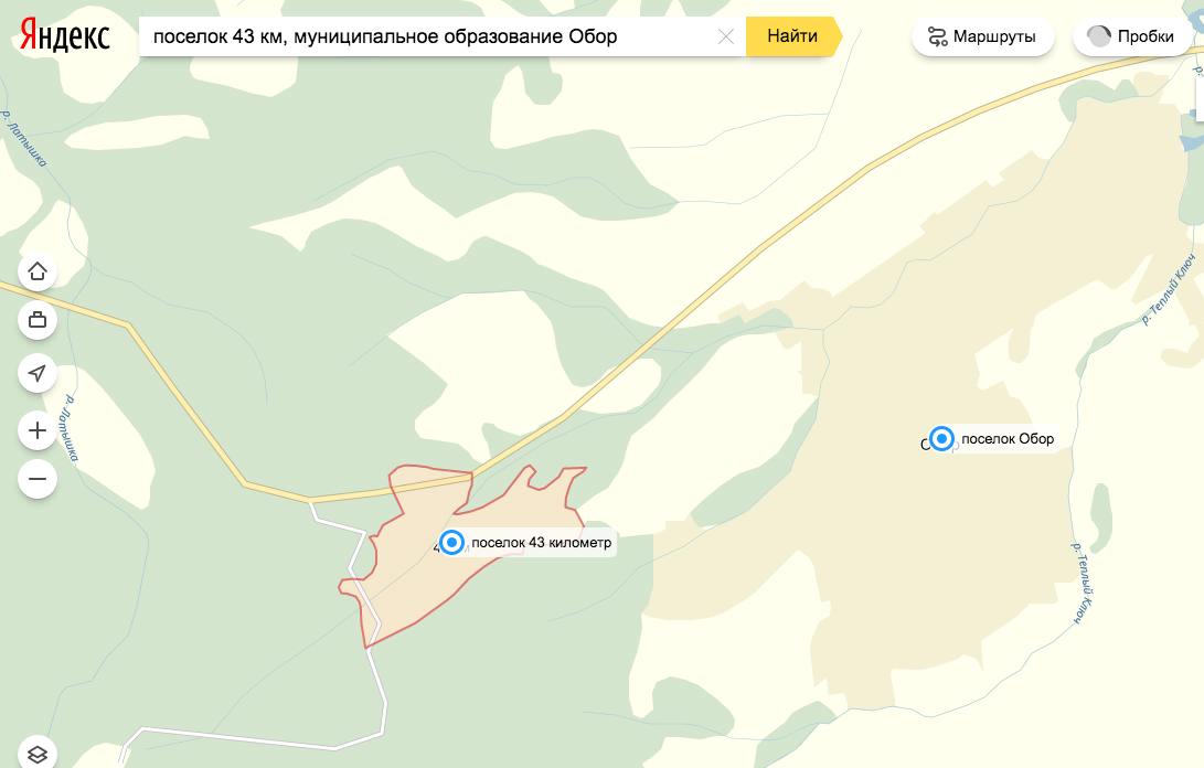 поселок 43 километр и поселок Обор, муниципальный район имени Лазо, Хабаровский край, Россия фото: Яндекс карты