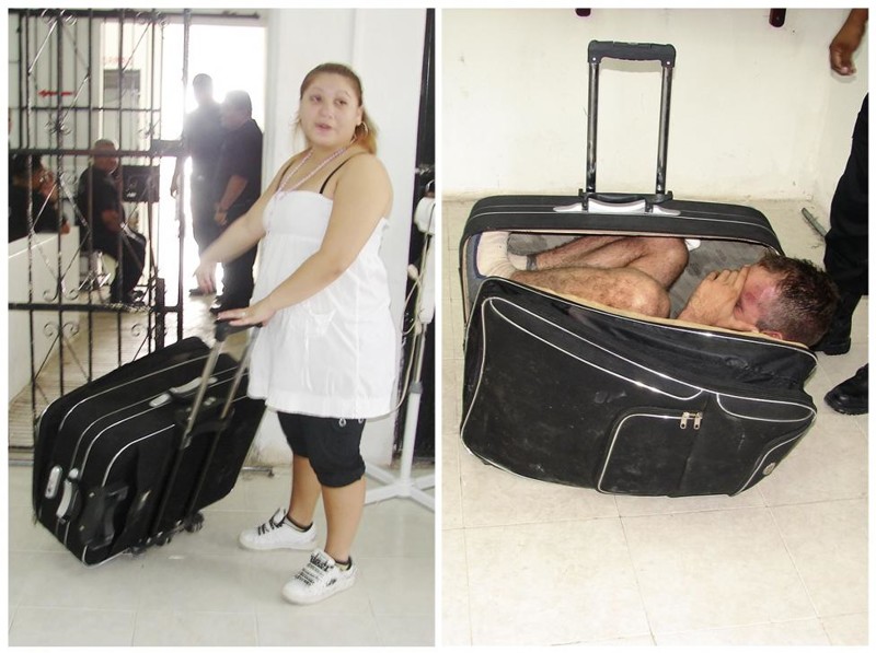 In a combination of handout photographs, Maria del Mar Arjona Rivero (L), 19, is seen holding the suitcase in which she tried to smuggle her partner Juan Ramirez Tijerina out of the prison where he was serving a sentence for unspecified federal crimes, and Ramirez Tijerina (R) is seen inside the suitcase after being discovered by prison guards in Chetumal July 2, 2011. According to prison officials Ramirez Tijerina was discovered hiding inside the suitcase as Arjona Rivero  left the building following a conjugal visit. Arjona Rivero was arrested for the attempt. REUTERS/Government of Quintana Roo-Secretary of State for Public Security/Handout