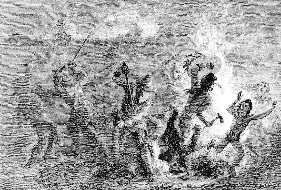 Massacre of the St. Francis Abenaki Indians by Rogers' Rangers in 1759 during the French and Indian War. Image date: 1883.