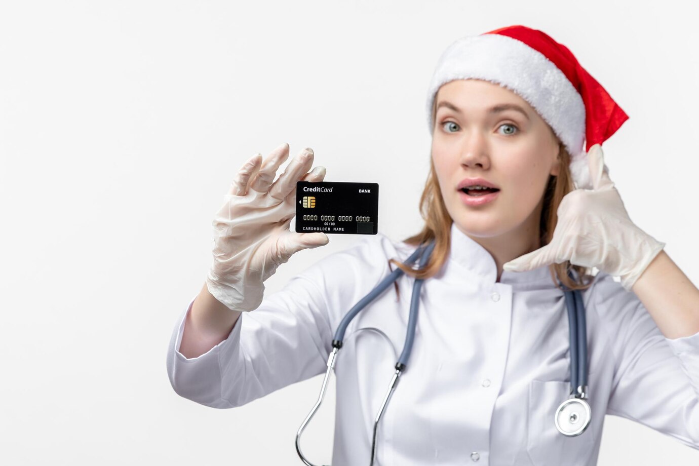 front-view-female-doctor-holding-bank-card-white-wall_140725-134149