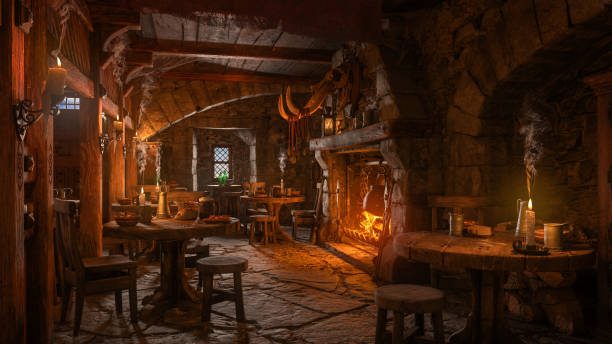 Dark moody medieval tavern inn interior with food and drink on tables, burning open fireplace, candles and daylight through a window. 3D rendering.